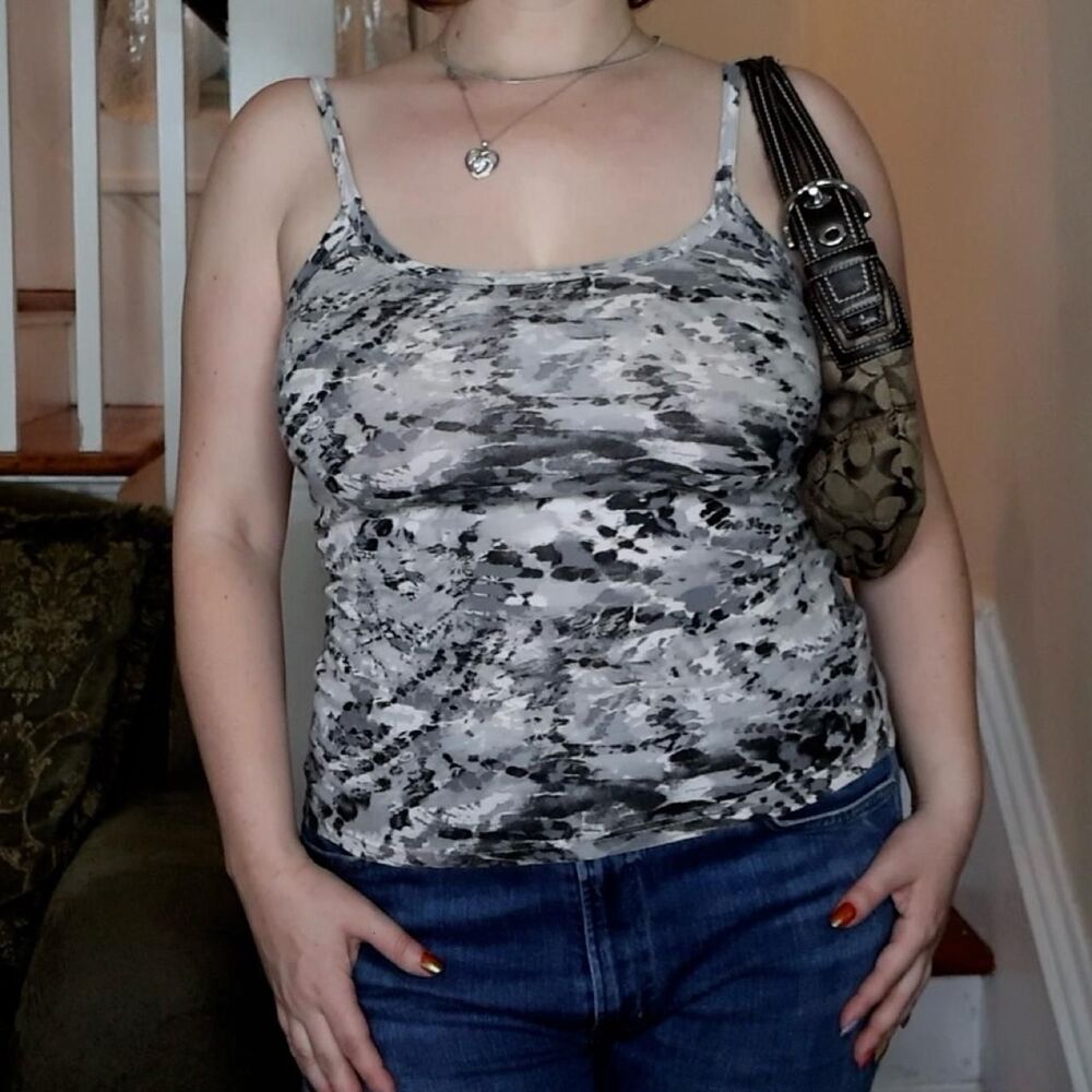 Y2K Gray Camo Abstract Cami Tank Top Sz Medium Spaghetti Strap Layer Military